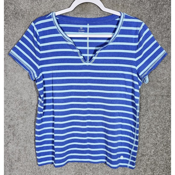 Talbots Tops - T By Talbots Top Womens Size Large Blue Striped Short Sleeve Open Neck Stretch